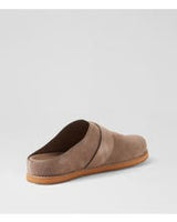 clog in taupe suede leather with closed round toe, cushioned footbed with open back on a white background