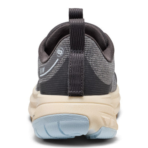 Back view of a gray and beige shoe on a white background