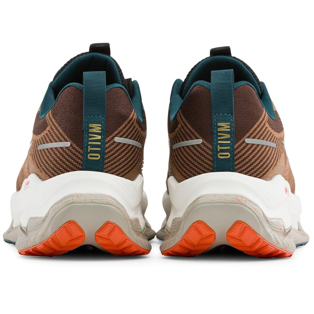 A pair of Mtnlo running shoes shown from the back, featuring a brown and tan mesh upper, teal pull tabs with gold lettering, a white midsole, and bright orange outsole lugs, set against a plain white background.