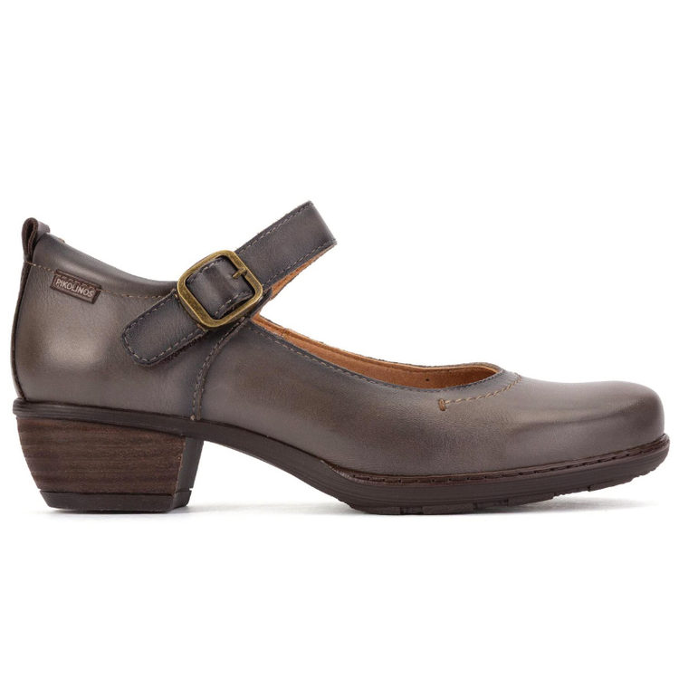 A dark brown leather Mary Jane shoe with a block heel, a brown strap, and a gold-tone buckle, shown in a side profile on a white background.